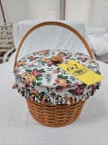 1990 Longaberger Large Round Sewing Basket w/ Lid, Liner, Protector, & Sewing Contents
