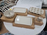 NIB Longaberger Pottery Woven Traditions Baking Sheets, Muffin Pans, Measuring Cups, & Fluted Cake
