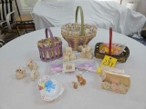 2004 Longaberger Large Whitewashed Easter Basket, 2007 Small Oval Picket Pail, & Box of Longaberger