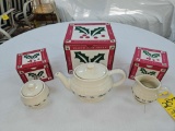 NIB Longaberger Traditional Holly Teapot, Sugar Bowl, & Creamer