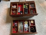 Jewelry box with costume jewelry - pins, cufflinks, stopwatch, pens