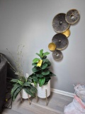 2 Modern Faux Plant Stand, Leaf Wall Decoration, & Modern Circular Wall Art Piece