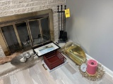 Fireplace Contents - Fireplace tools, decorative trays, clock, pewter candle holder, large candle