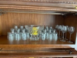 Large crystal bowls with 6 crystal wine glasses and 2 sets of glass cups