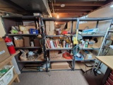 (3) 6 Ft. Metal Shelving Units & Contents - Electronics, Books, Sprays, Fluids, & more