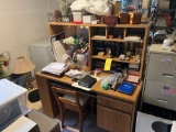 Wooden desk and contents - faux flowers, office supplies and chair