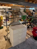 Wooden 3 drawer dresser, ironing board, hanging rack, lots of hangers