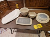 Longaberger Woven Traditions Pottery Batter Bowl, Measuring Bowl, Assortment of Plastic Lids