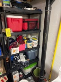 Plastic shelf and contents - coolers, totes, cleaners, paint, hanging pots