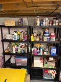 2 plastic shelves with contents - yarn, cleaners, paint, totes