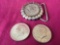 2 Kennedy 40% US Silver Half Dollars & Kennedy Half in Belt Buckle