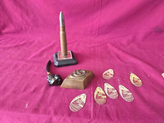 Early Brass Paperweight, Bullet Lighter, Pipe, Prudential Threaders
