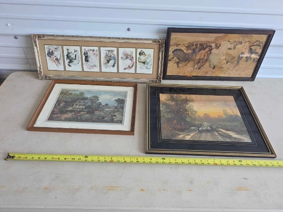 4 Early Prints, Currier & Ives, Post Card, Sheep, Horses
