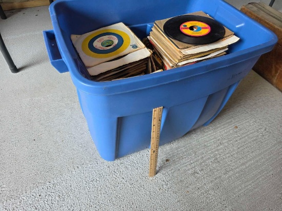 Tote of 45 RPM Records Some With Picture Sleeves
