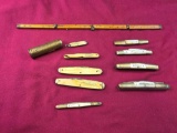 9 Early Pocket Knives, Balloon Tire Gauge, Lufkin Rule