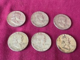 6 Franklin US Silver Half Dollars 1958, (2)1960, 1961, 1962, 1963