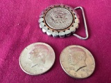 2 Kennedy 40% US Silver Half Dollars & Kennedy Half in Belt Buckle