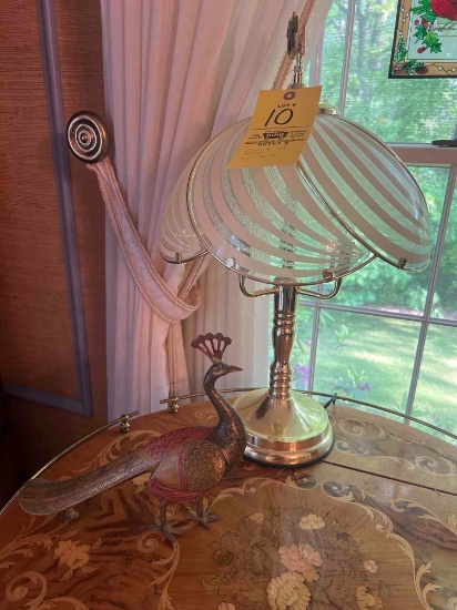 Table Lamp with Glass Shade, Peacock Metal Figurine, Lenox Candle Holders
