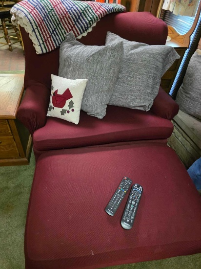 Maroon Oversized Chair, Ottoman, Pillows