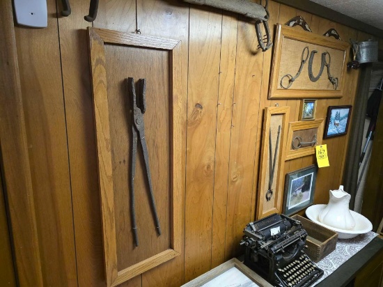 Framed Primitive Tools, Typewriter, Bowl & Pitcher