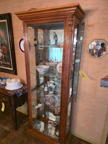 Lighted Beveled Glass Oak Curio Cabinet 14" x 32" x 78" Not The Contents