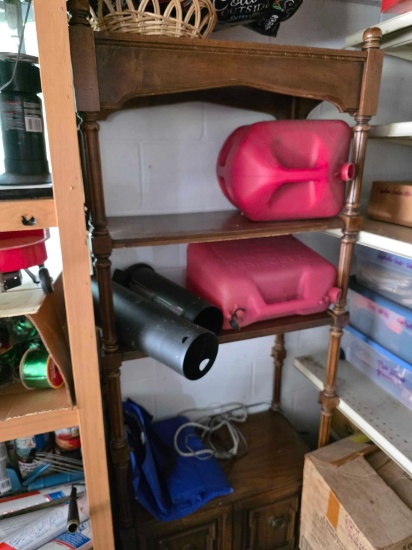 Contents on Shelf, Screen, Gas Cans, Wood Shelf