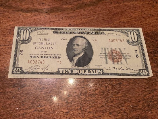 1929 $10 Bill First National Bank Of Canton Ohio,