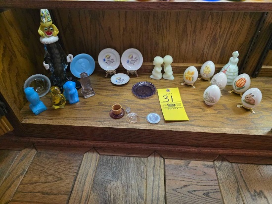 Art Glass Clown, Deganhart Owls, Eggs