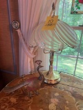 Table Lamp with Glass Shade, Peacock Metal Figurine, Lenox Candle Holders