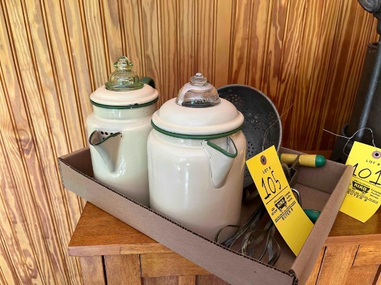 2 Enamelware pitchers with a mixer and strainer