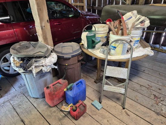 Plastic Trash Cans, Gas Cans, Stepstool, Round Table, & Assorted Table Contents