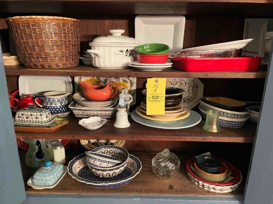 Serving platers, butter dishes, tea pots, fiesta ware, casserole dish, baskets, and 4 Norman