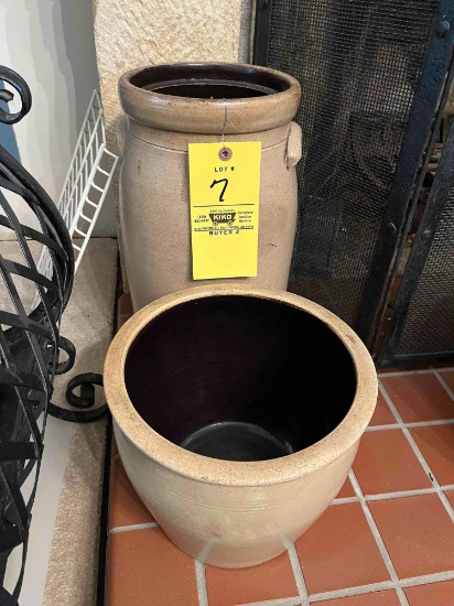 Stoneware crock and a stoneware butter churn