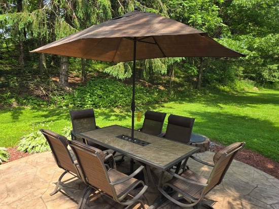 Nice patio table set, 6 chairs, tile top table and umbrella