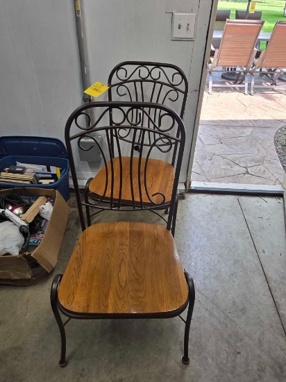Pair metal chairs with Oak finish seats