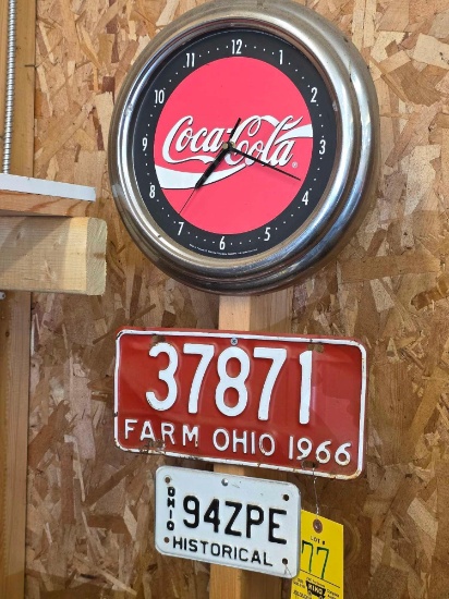 Motorcycle License Plate, Farm, Coke Clock
