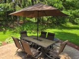 Nice patio table set, 6 chairs, tile top table and umbrella