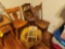 Three Wooden Chairs, Green Footstool, Decor