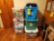 Six Totes of Hats, Crocheted Blankets, Vests, Material