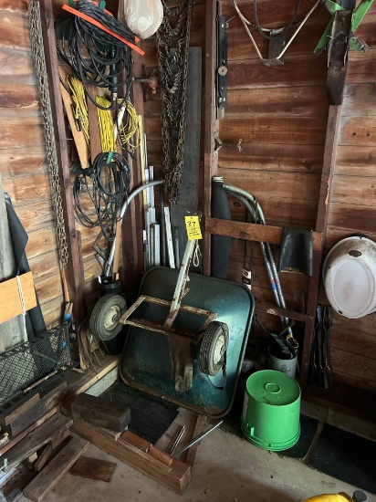 Contents in Corner of Garage, Pull Behind Wagon and Power Cords