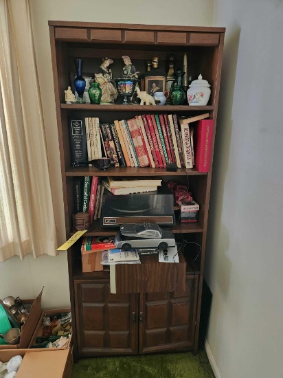 Shelf and Contents - Figurines, Bottles, Vases, Record Player and Records
