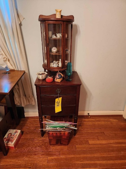 Wooden Three Drawer Stand, Glass Display Cabinet, Trinkets and Figurines, Knitting Needles