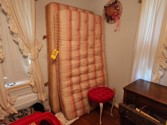 Twin Size Mattress and Box Spring, White and Red Vanity Stool with Metal Legs