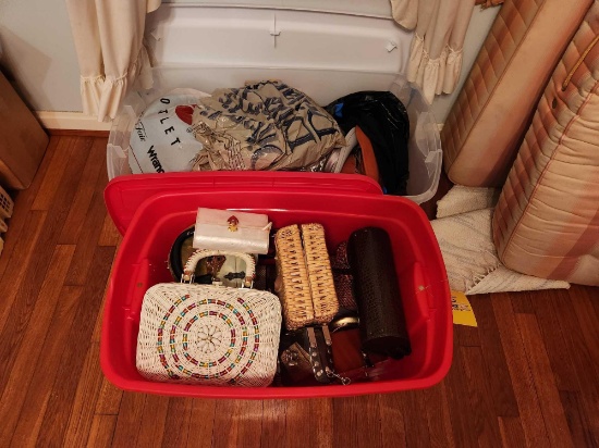 Two Totes Full of Purses and Hats