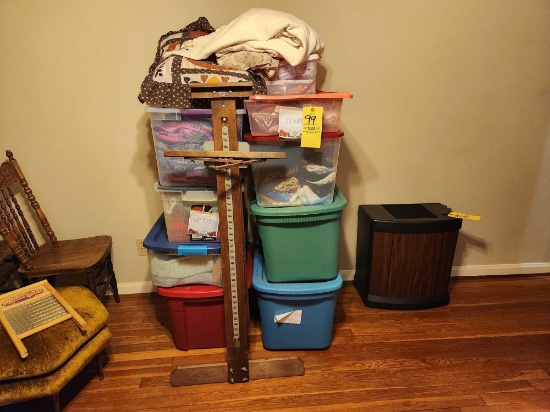 Eight Totes of Scarves, Vests, and Material, Quilt and Matching Pillow, Anco Bilt Easle