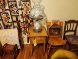 Drop Leaf End Stand with Two Drawers, Glass Hurricane Lamp