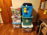 Six Totes of Hats, Crocheted Blankets, Vests, Material