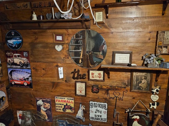 Tin signs, primitives, decor