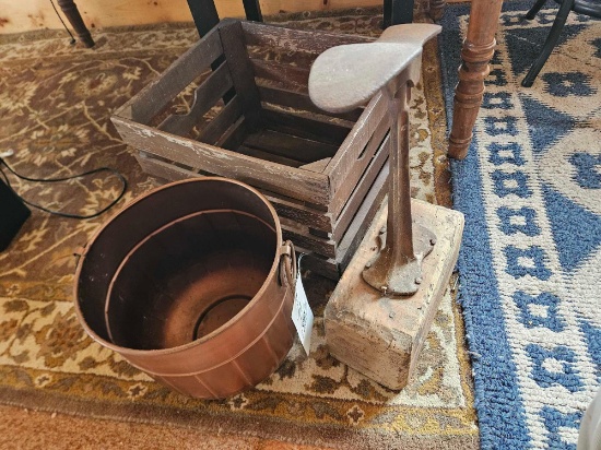 Cobblers stand, apple crate, metal planter