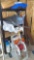 Garage Shelving unit, contents, & hose reel